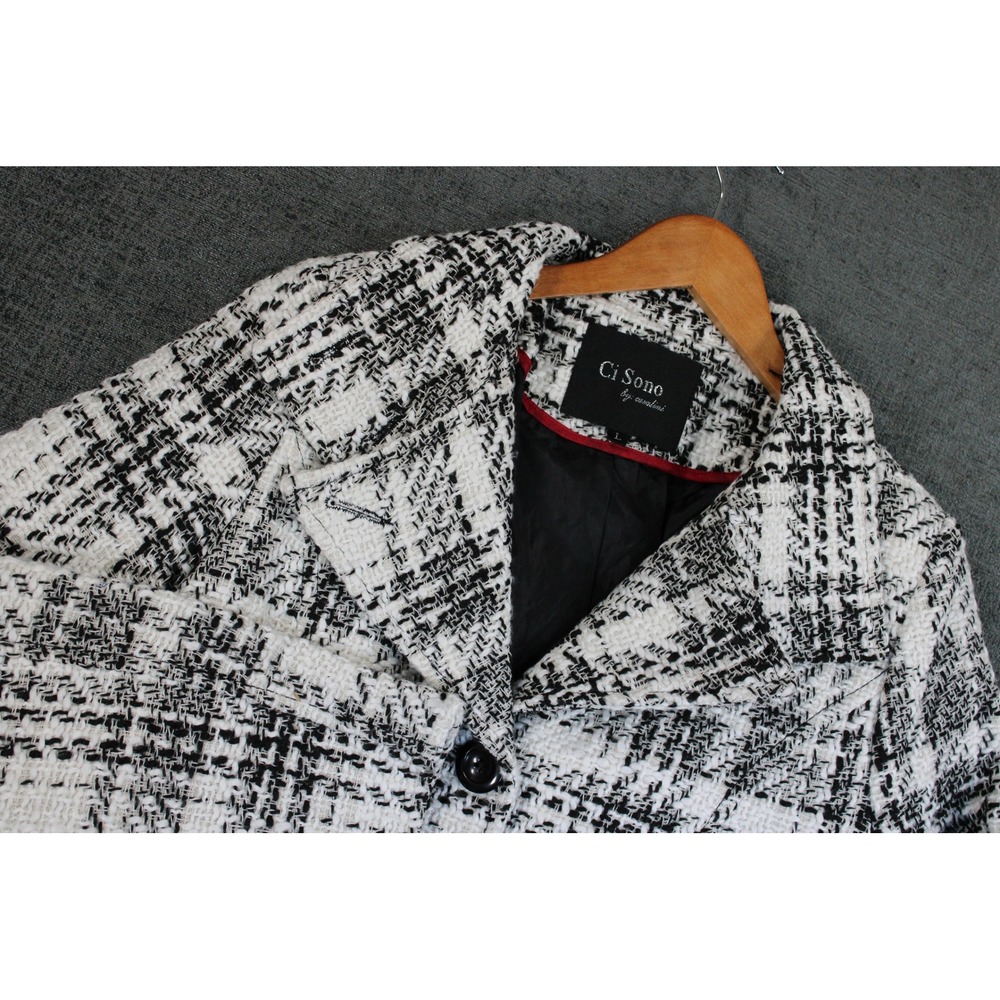 Ci Sono by Cavalini Womens Black White Plaid Wool Blend Belted Pea Coat Large